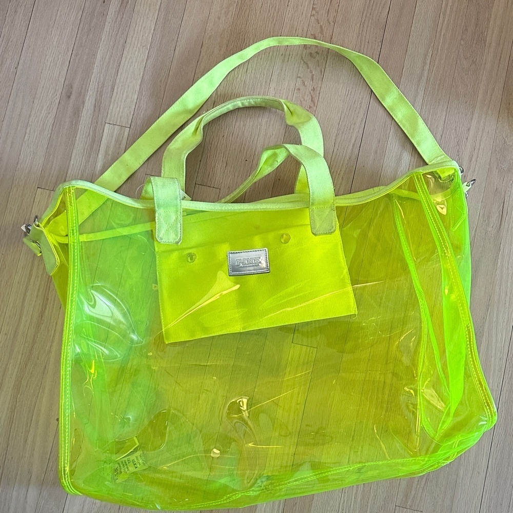 PINK by Victoria Secret Transparent Neon Green XL Tote Bag